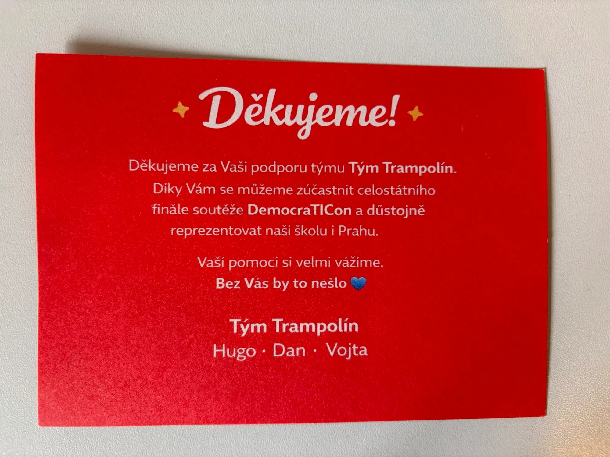 Thank-you message on the back of the team card