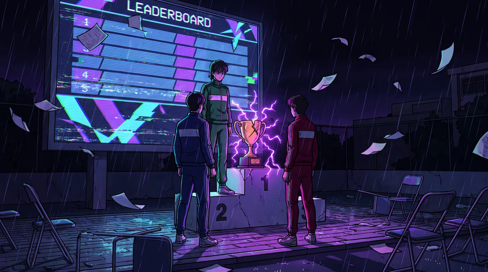 Game artwork: three competitors, a glowing trophy and a distorted leaderboard